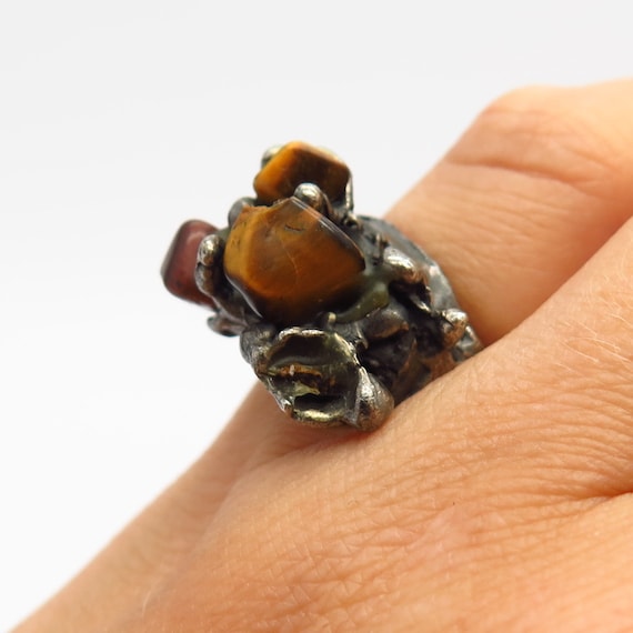 925 Sterling Silver Real Tiger Eye Gem Brutalist … - image 2