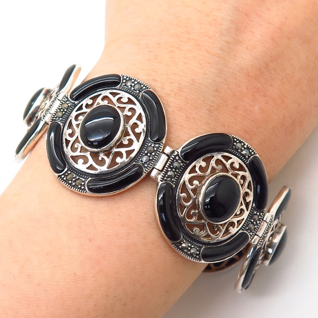 •BLACK ONYX - GEO MIX• linked silver bracelet (7.25