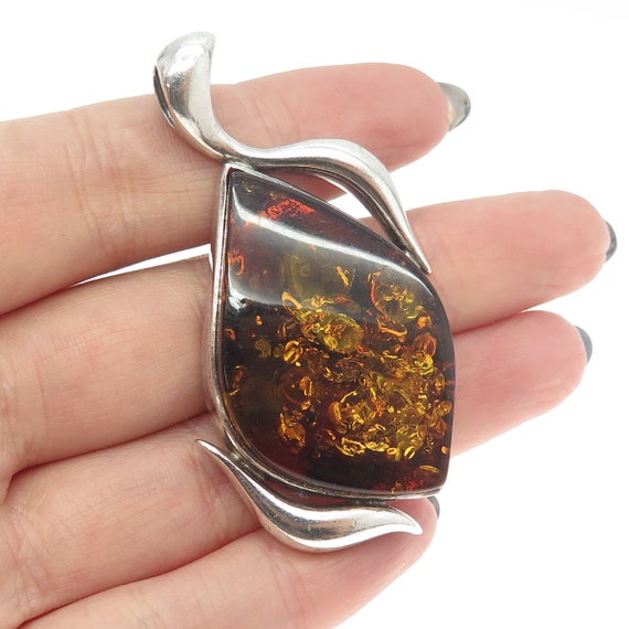 925 Sterling Silver Vintage Real Amber Modernist … - image 1