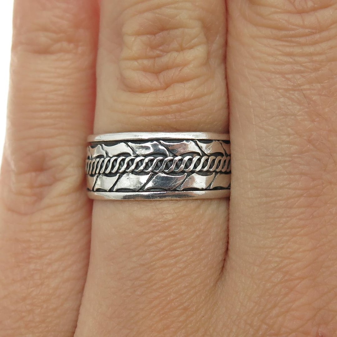 925 Sterling Silver Vintage Modernist Link Band Oxidized Ring Size