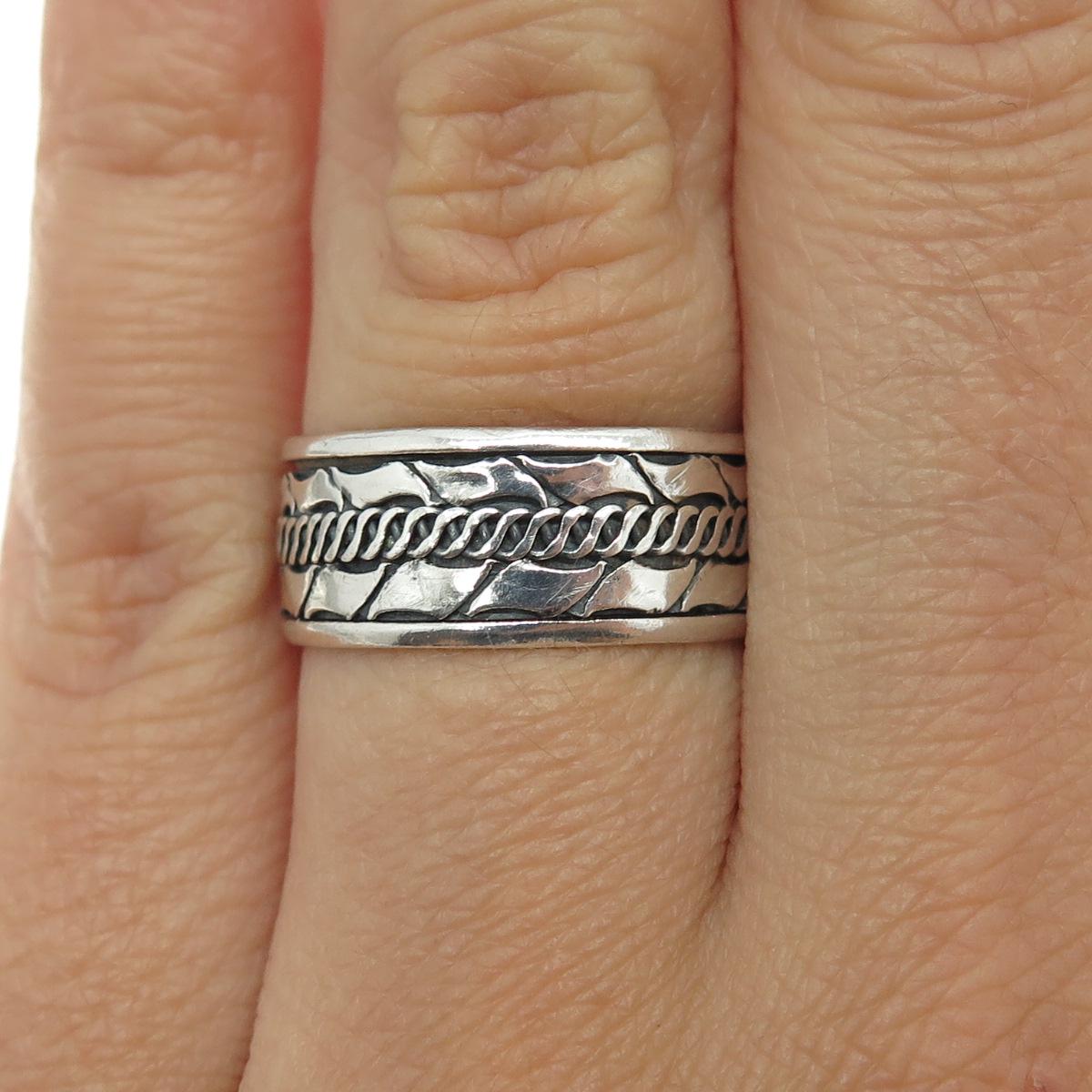 925 Sterling Silver Vintage Modernist Link Band Oxidized Ring Size