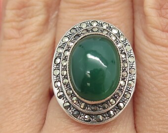 UNCAS 925 Sterling Silver Antique Real Chalcedony and Marcasite Gem Ring Size 7.5
