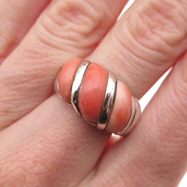 Kabana 925 Sterling Silver Vintage Real Coral Modernist Ring Size 7