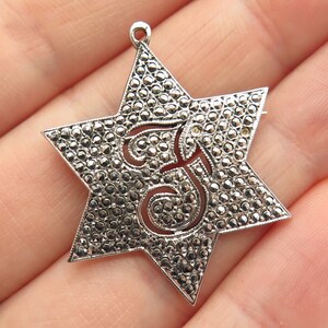925 Sterling Silver Vintage Marcasite Gem &quot;J&quot; Initial Star Pendant / Pin Brooch