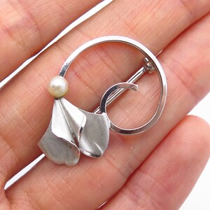 925 Sterling Silver Vintage Curtis Mfg. Real Pearl Floral Design Pin Brooch