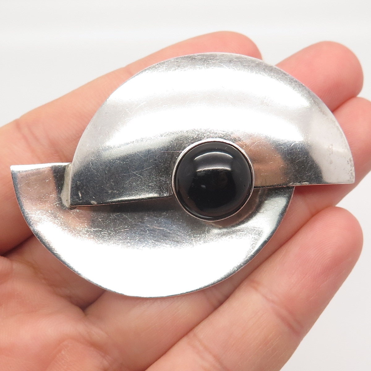 925 Sterling Silver Vintage Mexico Real Black Onyx Gem Modernist Pin Brooch