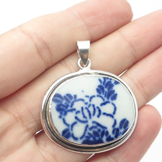 925 Sterling Silver Vintage Ceramic Foral Pendant