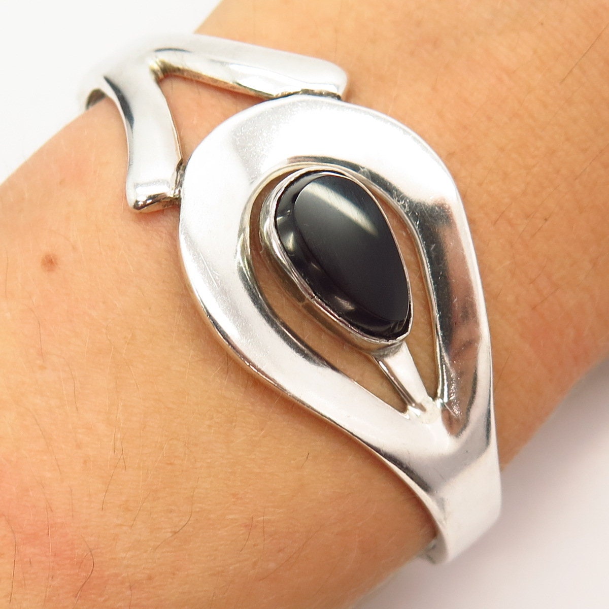 925 Sterling Silver Vintage Mexico Black Onyx Gem Hinged