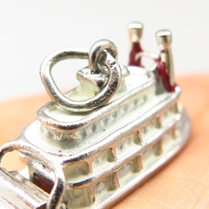Vintage Signed 925 Sterling Silver Enamel Steamboat Moveable Charm Pendant