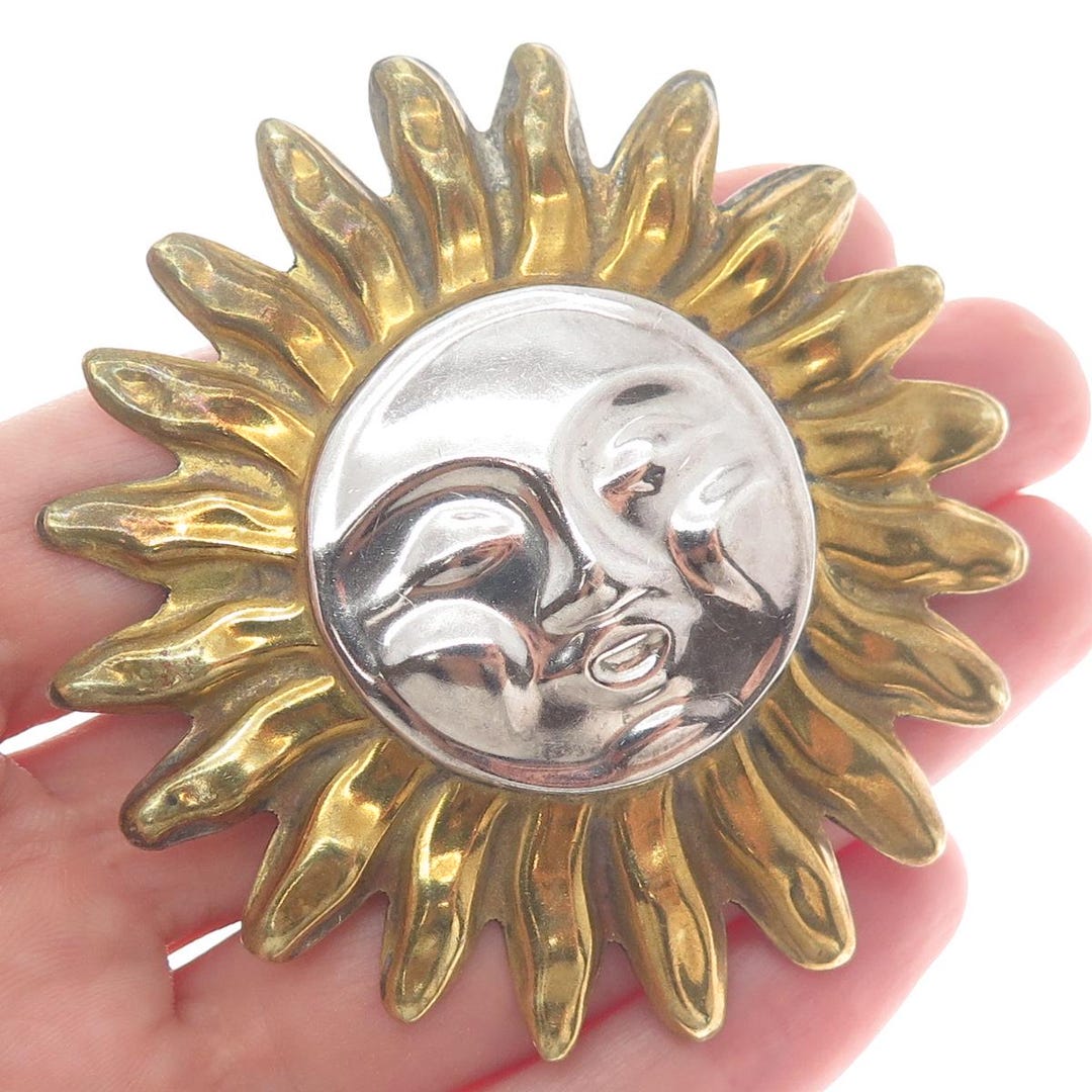 Sun Face Pin 925 Sterling Silver 2-tone Vintage Mexico Sun Face Pin Brooch / Pendant ...