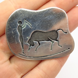 925 Sterling Silver Vintage Mexico Toreador and Bull Storyteller Pin Brooch
