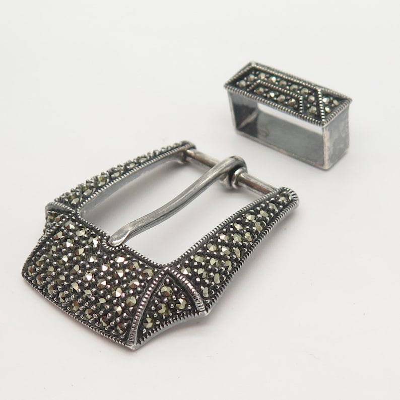 925 Sterling Silver Vintage Judith Jack Real Marcasite Gem Belt Buckle and Keeper