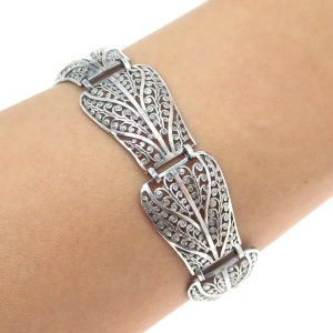 835 Silver Vintage Floral Filigree Panel Bracelet 7.75&quot;