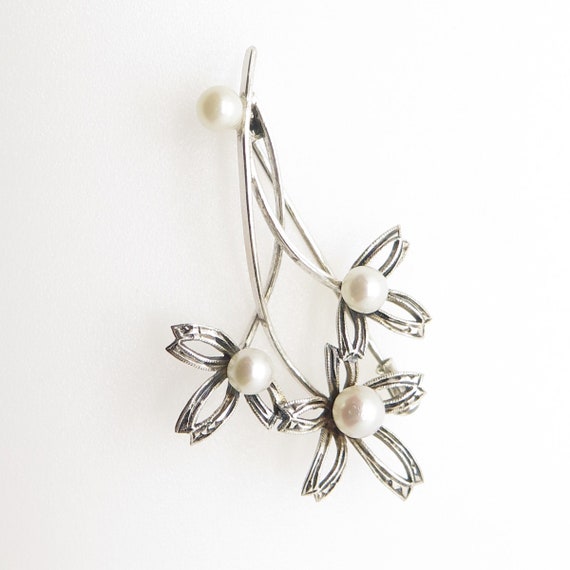 925 Sterling Silver Vintage Real Pearl Floral Pin… - image 5