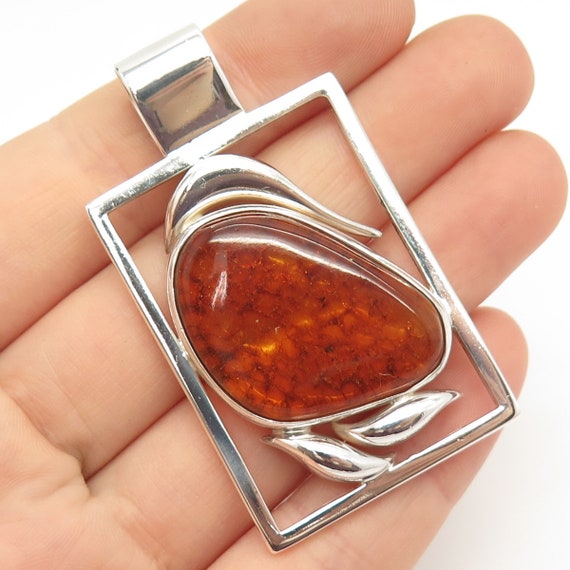 925 Sterling Silver Vintage Real Amber Square Pen… - image 1