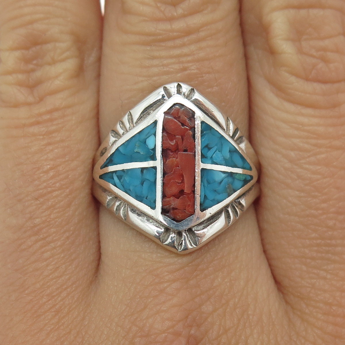 TIA LONG NAVAJO Old Pawn Sterling Silver Turquoise and Coral Inlay