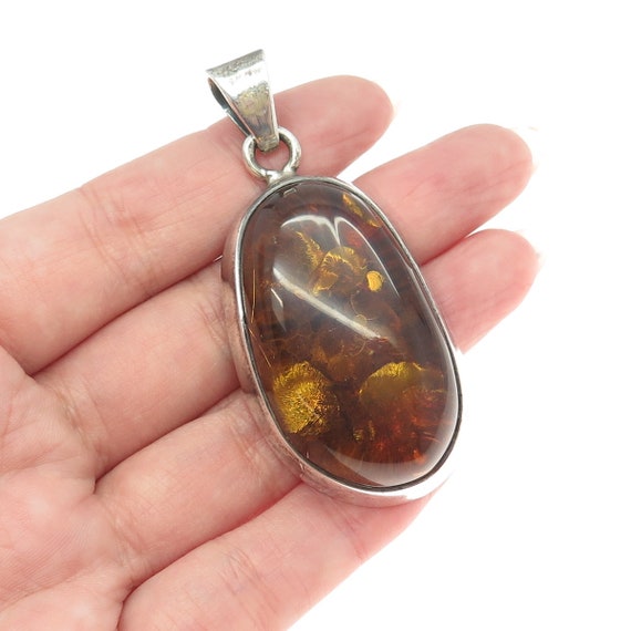 925 Sterling Silver Vintage Real Amber Modernist P