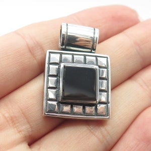 925 Sterling Silver Vintage Sunstone Imports Black Onyx Gem Square Pendant