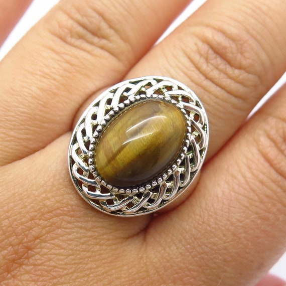 925 Sterling Silver Vintage Real Tiger Eye Gemstone Ring Size 6 3 