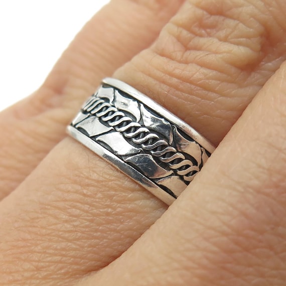 925 Sterling Silver Vintage Modernist Link Band Oxidized Ring Size
