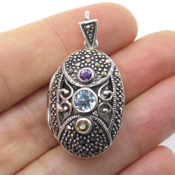 925 Sterling Silver Vintage Blue Topaz Amethyst Citrine Marcasite