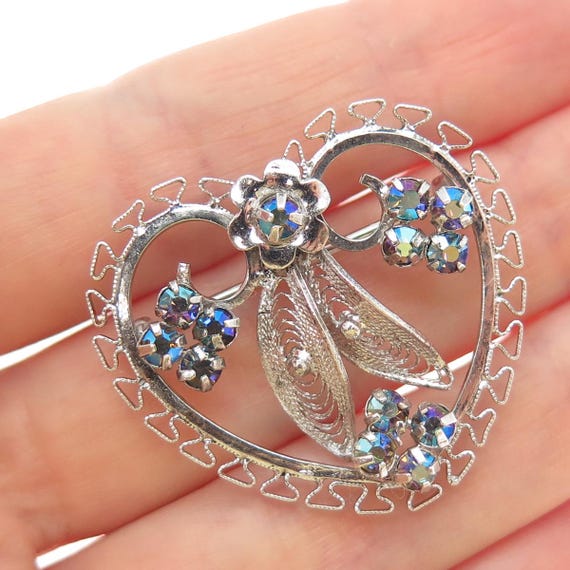 CURTIS CREATIONS Sterling Vintage Rhinestone Flower & Heart Filigree Pin Brooch