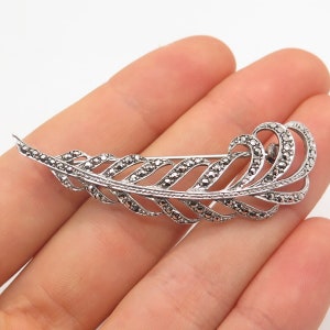 800 Silver Vintage Real Marcasite Gemstone Leaf Pin Brooch