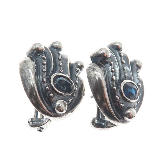 925 Sterling Silver Vintage Real Sapphire Modernist Oxidized Omega Back Earrings View 5