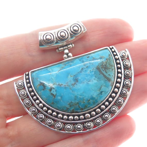 925 Sterling Silver Vintage Real Lone Mountain Turquoise Beaded Slide Pendant