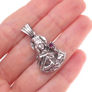 925 Sterling Silver Vintage Real Ruby Saint Barbara Oxidized Charm Pendant