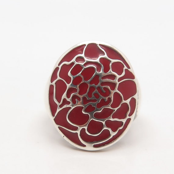 925 Sterling Silver Vintage Red Enamel Wide Ring … - image 3