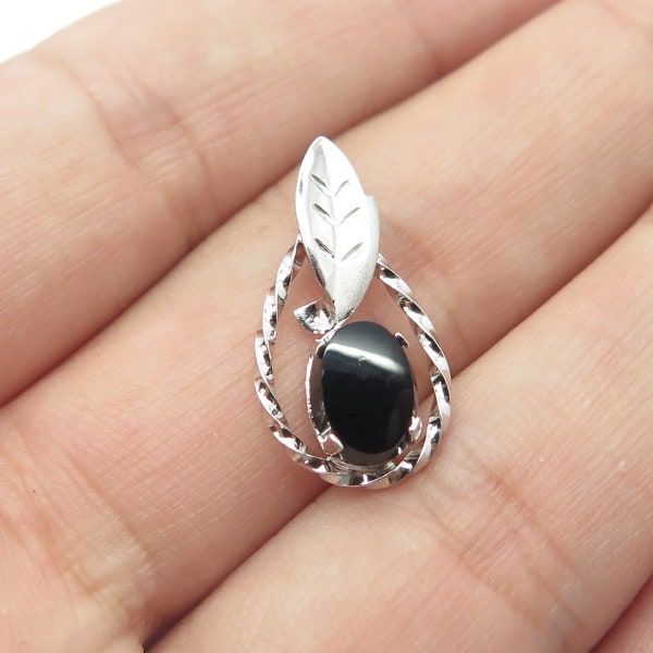 925 Sterling Silver Vintage De Curtis Real Black Onyx Floral Pendant