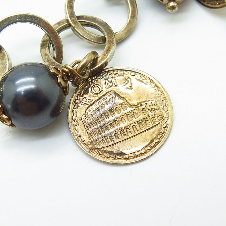 Italy 925 Sterling Gold Plated Faux Pearl Dangling Charm Chain Necklace 28