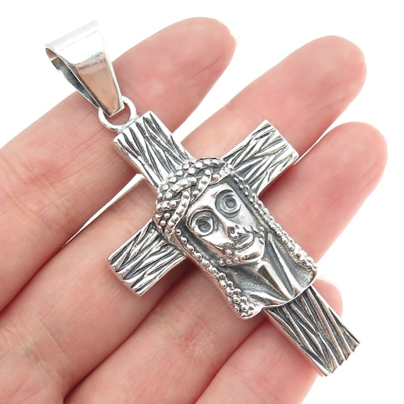 950 Silver Vintage Jesus Cross Oxidized Pendant - image 1