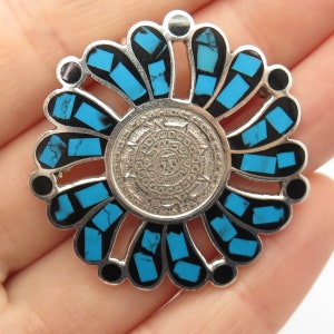 925 Sterling Silver Vintage Mexico Turquoise Gem Inlay Aztec Calendar Pin Brooch