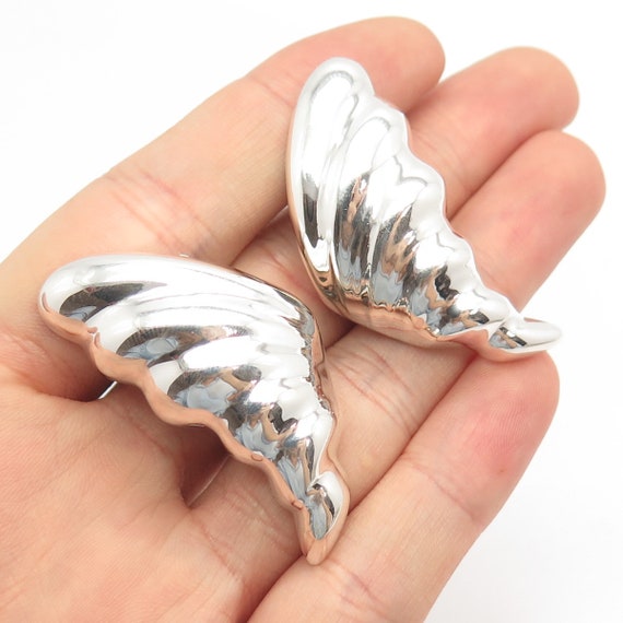 925 Sterling Silver Vintage Wing Ribbed Clip On E… - image 1