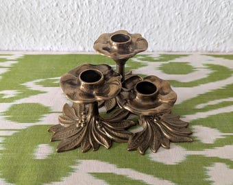 Brass Candle Holder with Flowers and Leaves by Gilde Handwerk Vintage 1970s