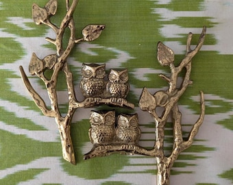 Owls on Branch Wall Decor Bronze Relief Vintage 1970s
