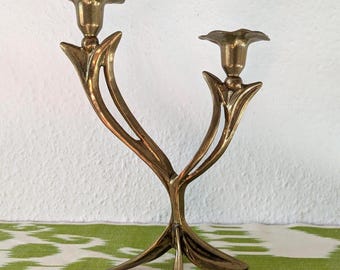 Brass Lily Candlestick Holder in Art Nouveau Style 1970s Vintage