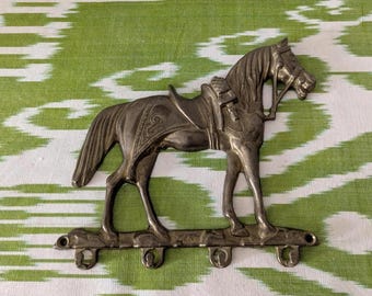 Brass Horse Key Rack 4 Hooks Vintage