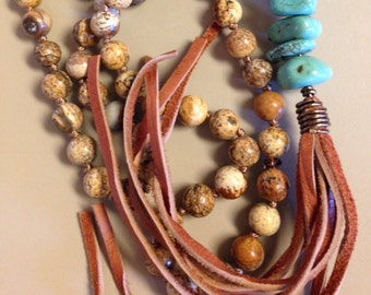 Western Boho Leather Tassel Turquoise Nuggets hand knotted by SeeJanesaBeads