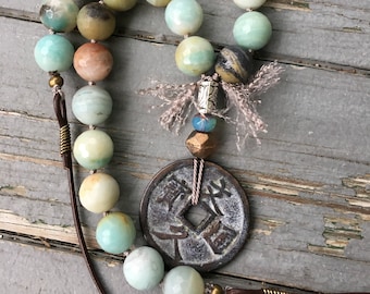 Old Chinese Coin with hand knotted Large Amazonite Beads and leather by SeeJanesBeads