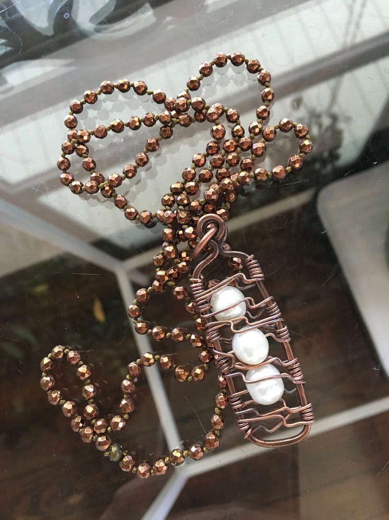 Rustic Copper Caged Pearls Hung From Faceted Bronze Color Etsy