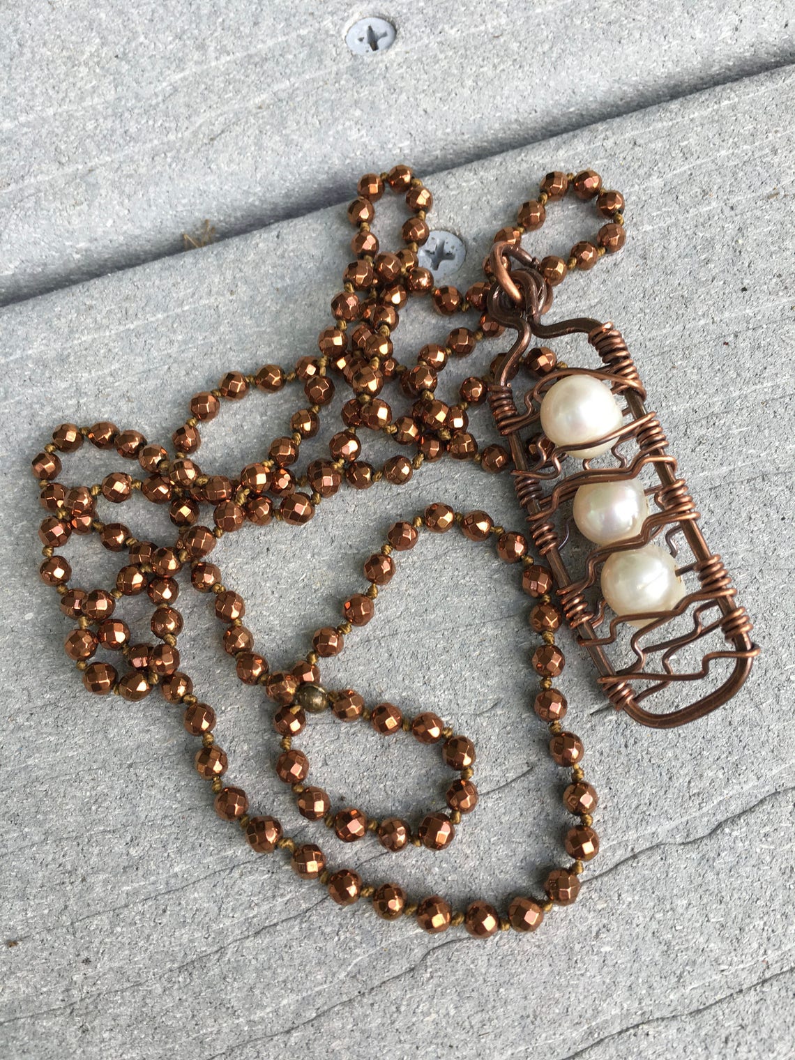 Rustic Copper Caged Pearls Hung From Faceted Bronze Color Etsy