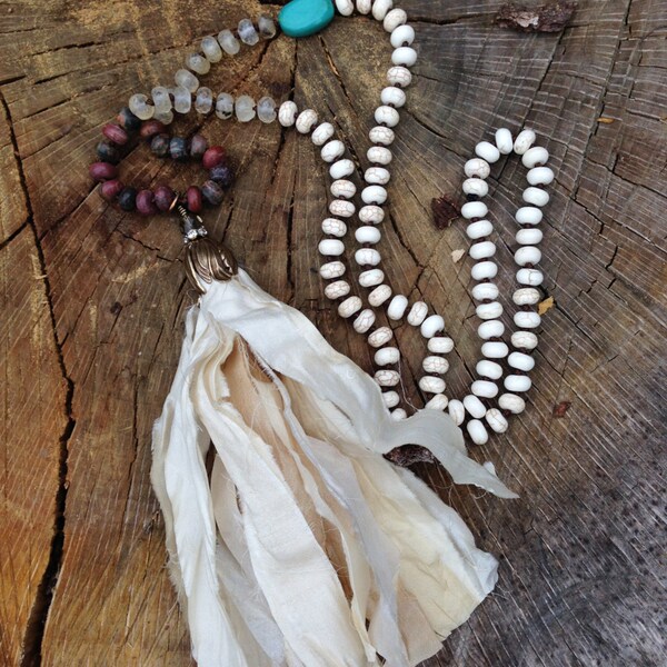Bohemian Sari Silk Tassel Gemstone Rondelle Beads hand knotted by SeeJAnesBeads