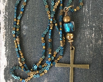 Bohemian Basha Bead Bronze Cross and Hematite Flower Necklace by SeeJanesBeads