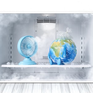 Global Cooling print, Creative comic fine art photography, Earth globe in fridge poster, Freezing ice wall decoration, high quality photo