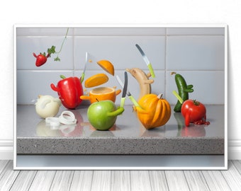 Funny Kitchen Wall Art, Food Fight Print, Surreal Fruit Photography, Quirky Dining Room Decor, Chef Gift, Colorful Food Poster