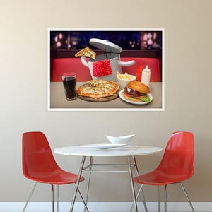 May include: A red and white checked tablecloth with a white pot with a lid, a pizza, a hamburger, chips, a glass of cola, and two bottles of condiments on a table in a diner setting.