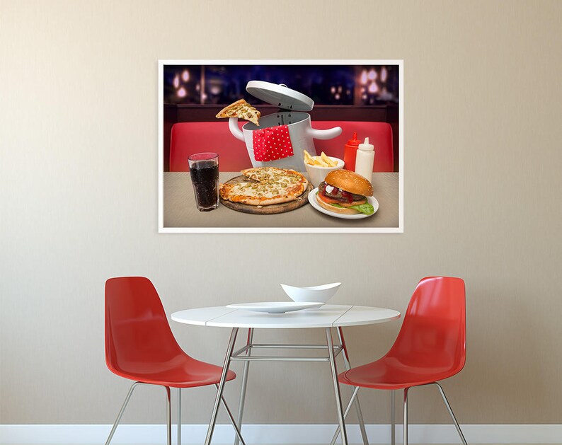 May include: A red and white checked tablecloth with a white pot with a lid, a pizza, a hamburger, chips, a glass of cola, and two bottles of condiments on a table in a diner setting.